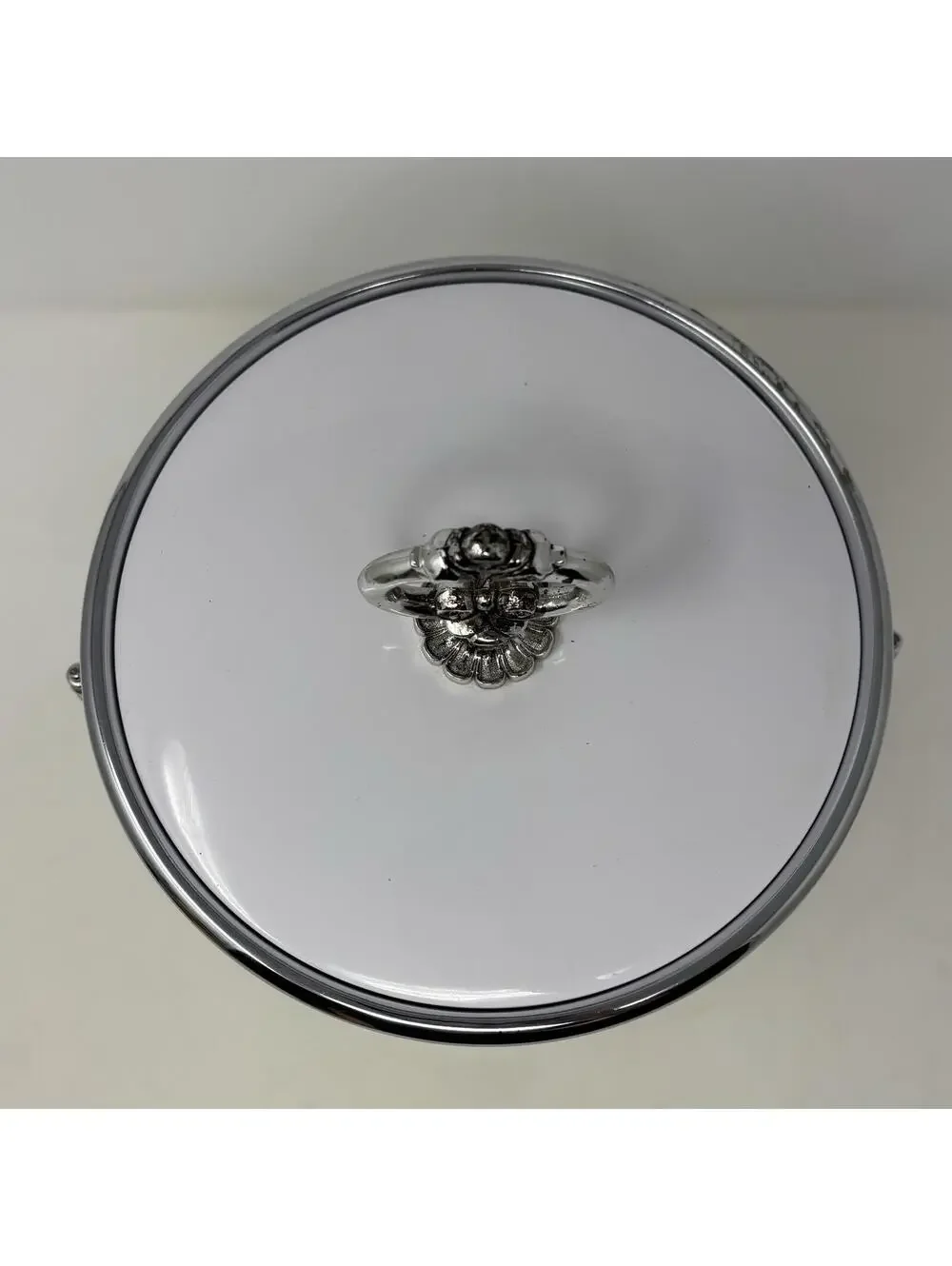 VTG Ice Bucket with Lid Snare Drum MCM Barware White & Silver Design Bar Ware